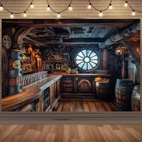 2D banner retro pirate ship-themed background cloth with wooden barrel and nautical wheel designs, e