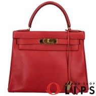 กระเป๋าถือสตรี Hermès Kelly 28 Couchvel สีแดง มือสอง เย็บตะเข็บด้านใน