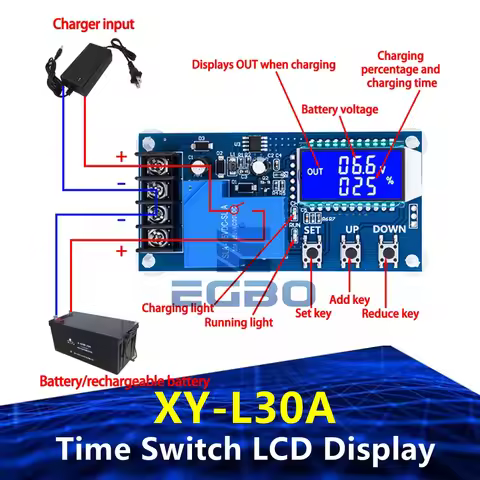 EGBO DC 6-60v 30A Storage battery Charging Control Module Protection Board Charger Time Switch LCD D