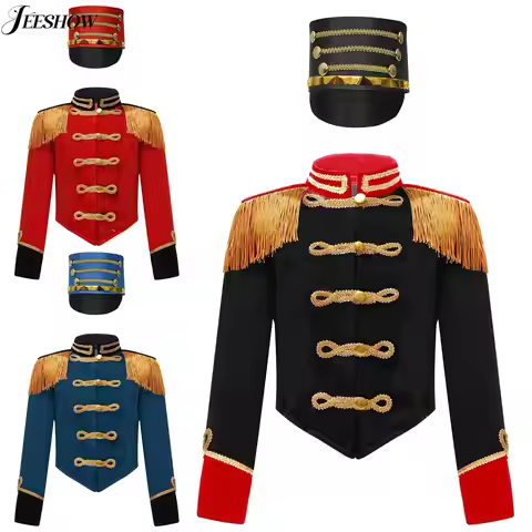 Girls Boys Circus Ringmaster Costume Velvet Jacket with Hats Drummer Majorette Role Play Fancy Dress