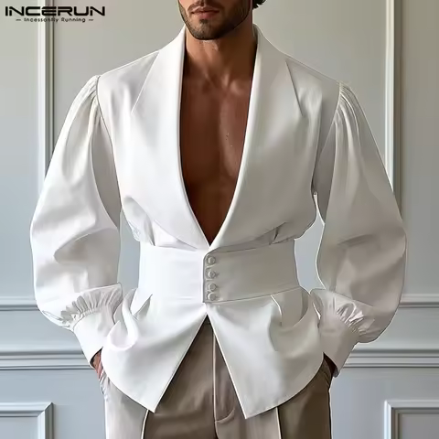 Summer Spring INCERUN Long Sleeve Tops Men Shirts Buttons Tee Solid Color Vintage Men's Clothing Ove