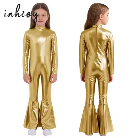 Shiny Halloween Hippie Costume for Kids Girls Metallic Jazz Hip Hop Disco Outfit 70s 80s Prom Flare 