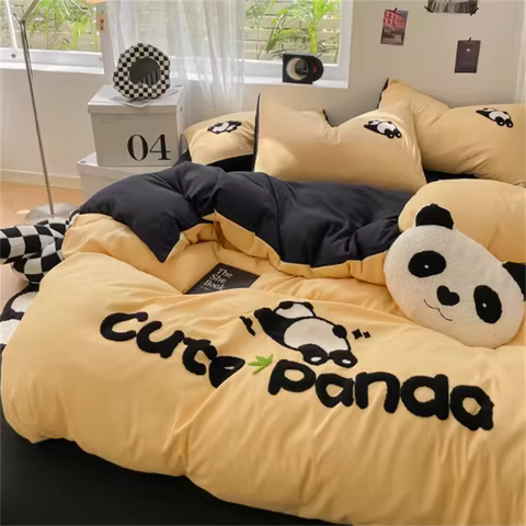 Washed Cotton Panda Thickened Woolen Beddinng Set Non All Cotton Cotton Quilt Cover Set Bed Sheet Be