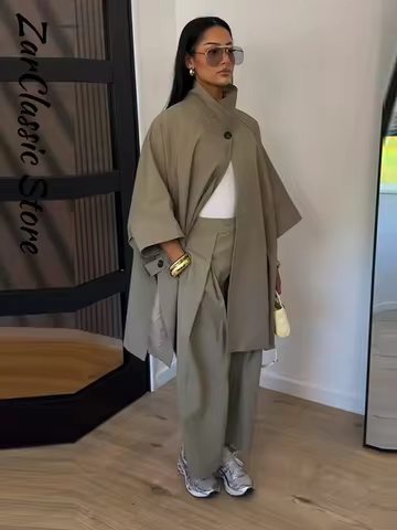 Casual Loose Pant Set Stand Neck Three-quarter Sleeve Oversize Jacket Women's Suit Lady New Spring B