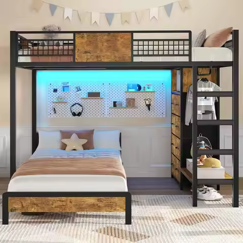 Black Twin over Full Bunk Bed with 8 Drawers, Metal Loft Bed with LED Lights and Storage, Safety Gua