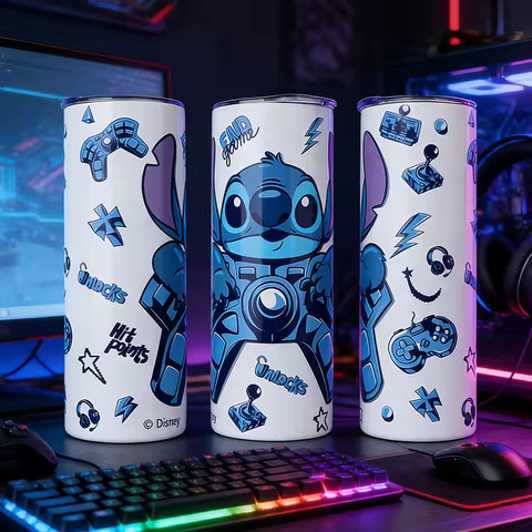 1pc 20oz Disney Stitch Gaming Stainless Steel Tumbler, Insulated Travel Mug with Lid & Straw for Dai