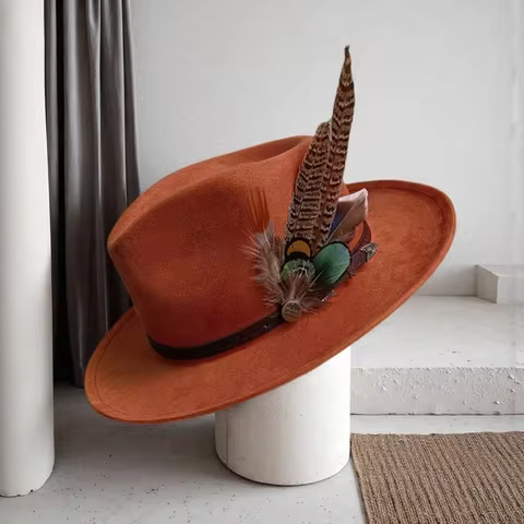 Caramel suede hat DIY fedora hat small turn-up men's hat retro jazz hat women's role-playing hat men