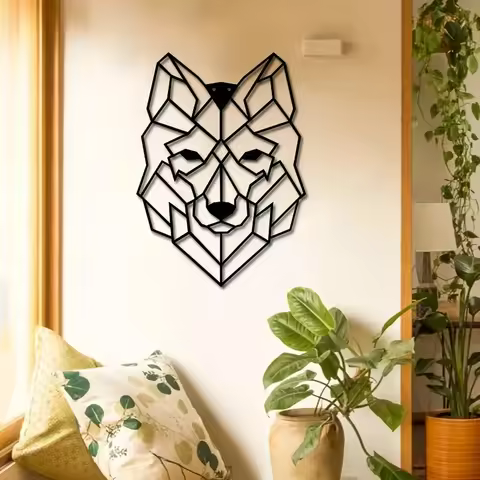 Wolf Head Wall Art Ornamental, Metal Living Room Office Geometric Iron Craft Gift Gift Black Iron Si