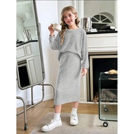 2pcs/set Sweatshirt Batwing Sleeve Knit Ribbed Crop Top & Mid-Length Skirt