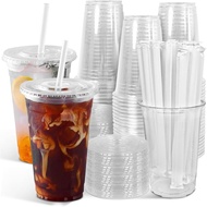 Ginkgo 100-Pack 20oz Clear Plastic Iced Coffee Cups with Lids and Straws, Disposable To Go Cups for 