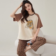 2025 Summer Short Sleeve Long Pants 100% Cotton Pajama Sets for Women Korean Cute Sleepwear Homewear