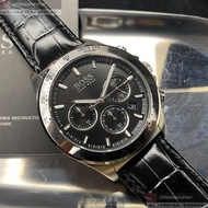BOSS手錶,編號HB1513752,42mm銀圓形精鋼錶殼,黑色三眼, 時分秒中三針顯示, 運動錶面,深黑色真皮皮革錶帶款,行家最愛!, 匠心之作!