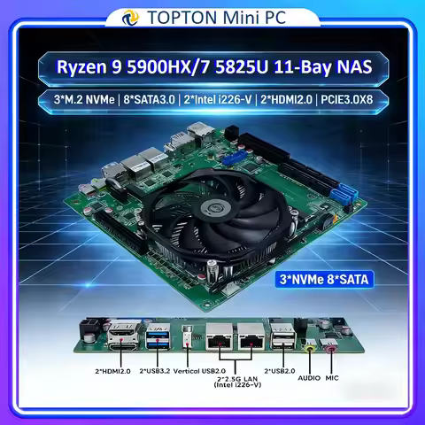 Topton 11-Bay NAS Gaming Motherboard AMD Ryzen 9 5900H HX 7 5825U 5600U 3xM.2 NVMe 8*SATA 2.5G i226-