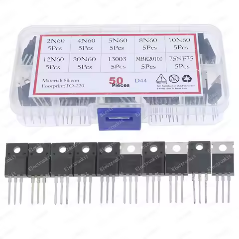 50Pcs 10Values TO-220 Mosfet Transistor Kit Box 2N60 4N60 5N60 8N60 10N60 12N60 20N60 13003 MBR20100