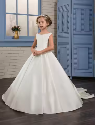 Satin Flower Girl Dress Girl Wedding Dress Holy Communion Dress Lvory Flower Girl Dress