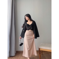 Chân váy lụa dài Hypebeast Clo Nhiều Màu cạp trễ một lớp cao cấp dáng dài qua gối sang trọng đi tiệc