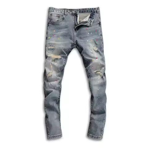 Men's Vintage Denim with Ripped Distressed Faded Slim-fit Jeans Printed High-end Streetwear Fashion 