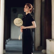 Long Cheongsam Improved Version 2025 New Summer Black Girl Light Style Temperament Dress Daily Retro