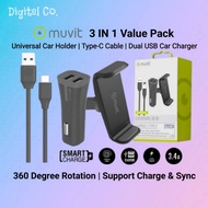 CLEARANCE Original MUVIT 2 USB Car Charger + Type C Cable + Universal Car Holder 3 IN 1 VALUE PACK