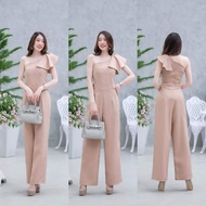 Dee-ya Shop เสื้อผ้าแฟชั่น จั๊มสูทขายาว สีครีม พร้อมส่ง