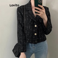 Lovito เสื้อโค้ทผู้หญิง กระดุมหน้า ลายตารางกิงแฮม สไตล์ลำลอง LNE29212 (หลายสี/สีดำ)