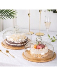 1入組竹製蛋糕架附玻璃圓罩,帶蓋杯子蛋糕陳列架,蛋糕盤