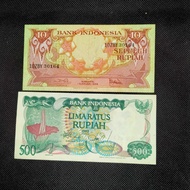 uang kuno indonesia pecahan 10 &amp; 500 seri bunga