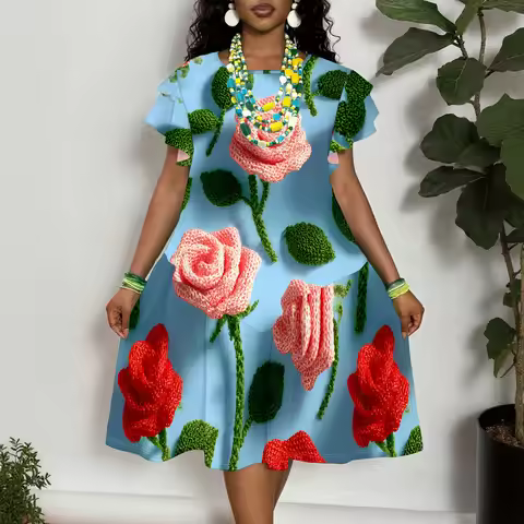 Women's Floral Print Short Sleeve Dress XL-6XL Summer Casual Loose Fit Tunic Dress for Plus Size
