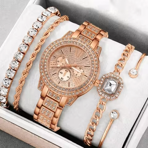 5Pcs/Set Unisex Jewelry Watches Women's Wristwatch Accessories Rose Gold Trendy Fashionable Elegant 