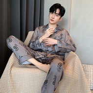 ชุดนอนผ้าไหมน้ำแข็งแขนยาวสำหรับผู้ชาย ชุดนอนฤดูร้อนแบบบาง ชุดนอนอยู่บ้าน ใส่กลางแจ้ง ไซส์ใหญ่ ผ้าไหม