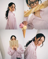 Magarines [พร้อมส่ง] - Poodle Shirt เสื้อเชิ้ตลายทางสีชมพูสลับน้ำตาล