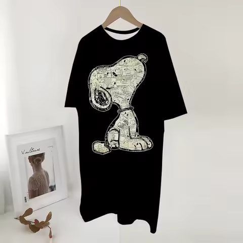 Summer Retro Short Sleeve A-Line DressWomen Snoopy print Dress Casual Fashion O-Neck Loose Ladies Dr