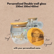 Personalized Double wall glass mug w/ name and lid Souvenir Gift ideas with box 11oz 250,350,450ml