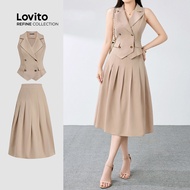 (Lovito Refine) Elegant Skirt Sets Button Pleated Spring/summer Light Khaki Skirt Skirt Sets for Wom