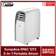 EuropAce EPAC 12T3. 3-in-1 Portable Aircon. 1 Year Warranty. Safety Mark Approved. Local SG Stock.