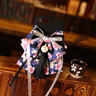 Japanese Style Cherry Blossom Ribbon Black Background Embroidered Phone Case