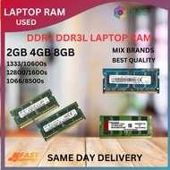 DDR3/PC3/DDR3L/PC3L 1Rx8/2Rx8 2GB/4GB/8GB 1333Mhz/10600s/12800/1600 Laptop Notebook RAM [ USED ]