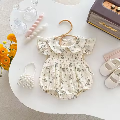 Flying Sleeve Floral One Piece Infant Newborn Baby Girl Bodysuits Polk Collar Princess Sweet Kids Ro