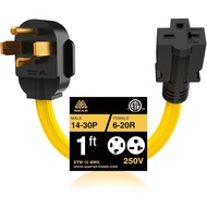 NEMA 14-30 to NEMA 6-20/6-15 Cord Adapter, STW 10 AWG, 3 Prong Dryer Adapter, 125V/250V, 30A to 20A/