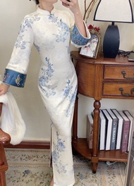 Váy Sườn Xám Họa Tiết Hoa Phong Cách Trung Hoa Dày Dặn Có Thêu Ren Cổ Điển Thường Ngày Dài Tay Mùa T