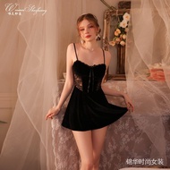 nightdress 睡裙   性感睡衣女火辣吊带睡裙纯欲风高级感丝绒睡衣套装性感蕾丝睡裙