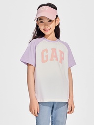 兒童裝|Logo/小熊印花純棉圓領短袖T恤-白紫撞色