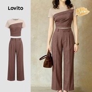 (New Arrival) Lovito Colorblock Fake 2in1 Brown Trousers Tops or Bottoms PSK8P1D3237 Lovito Elegan B