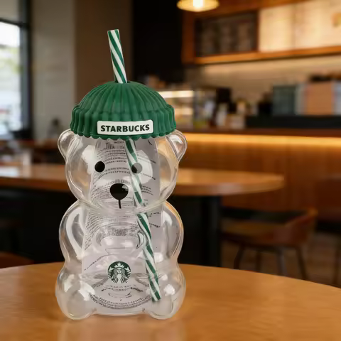 Starbucks Bearista Bear Glass Cup 20oz Green Lid Straw Home Café Gift