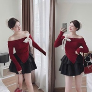 Set Bộ Áo Đỏ Kiểu Trễ Vai Tay dài Đính Nơ Trắng Phối Chân Váy Đen Xòe 2 Tầng Có Lót Dễ thương  Siêu 
