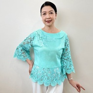 เสื้อลินินผู้ใหญ่คอปาดแต่งลูกไม้คอตตอนนิ่ม อก 38" 40" 42" 44" 46" 48" 50" อินกะออย สีมิ้น/ฟ้า/ชา/ชมพ