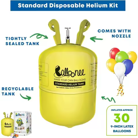 Balloonee Standard Disposable Helium Tank 7.5 Cu Ft - 30 Assorted Latex Balloons Pump Kit for Home B