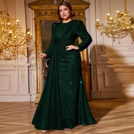 Plus Size Women V-Neck Sequin Embellished Bishop Sleeve Ruched Slit Dress, Elegant Evening Gown,Part