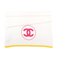 CHANEL 桃紅Logo 黃邊喀什米爾羊毛圍巾/披肩（白色）_廠商直送