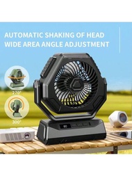 1 Pieza Ventilador De Camping Portátil Recargable De 6000mah Con Luz, Ventilador De Camping, Ventilador De Techo Al Aire Libre, Ventilador Oscilante, Ventilador De Cabeza Agitadora De 270°, Ventilador De Mesa, Con Linterna De 3 Velocidades De Brillo, 3 Velocidades De Viento, Con Gancho Y Pantalla Led